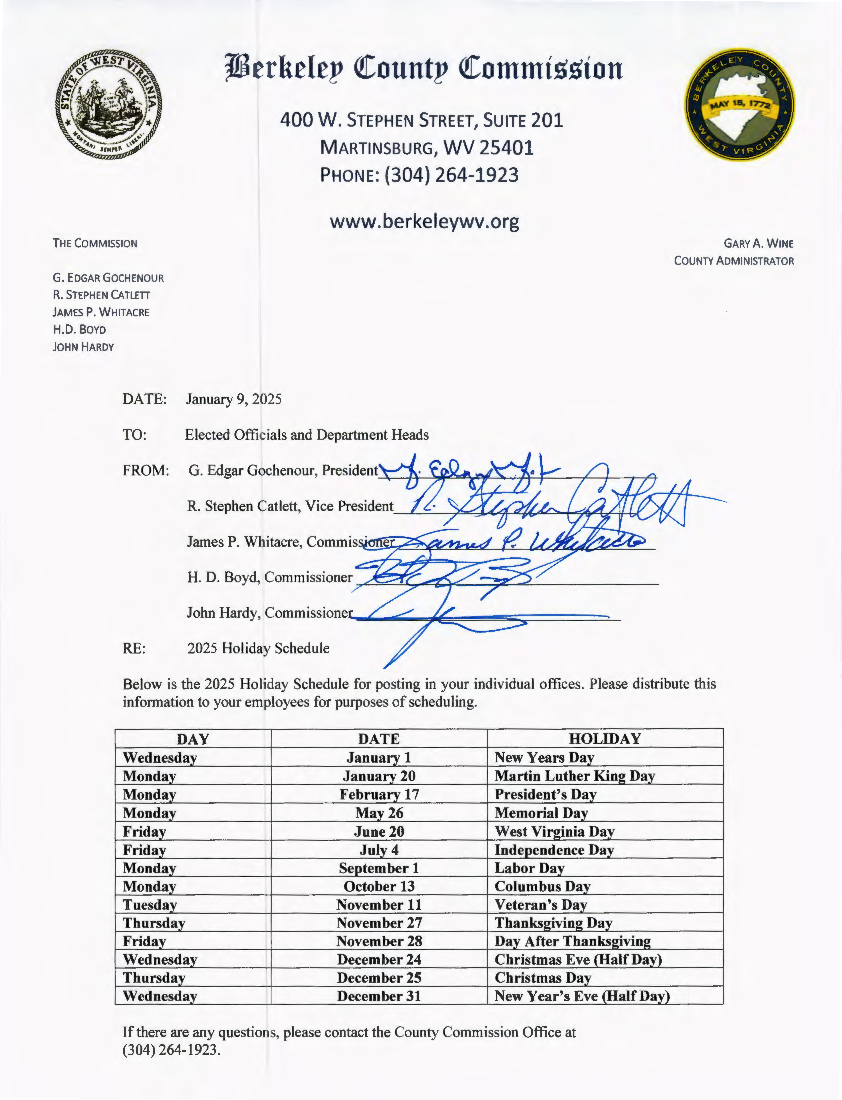 2025 Holiday Schedule